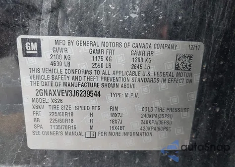 2018 Chevrolet Equinox Premier z USA, uszkodzony, nr VIN 2GNAXVEV3J6239544